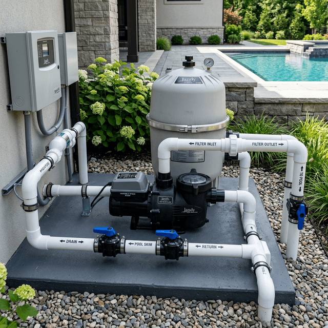 A pool equipment pad with a variable-speed pump and filter