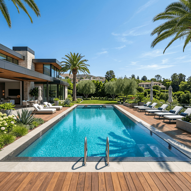 Pristine luxury suburban swimming pool with crystal clear water