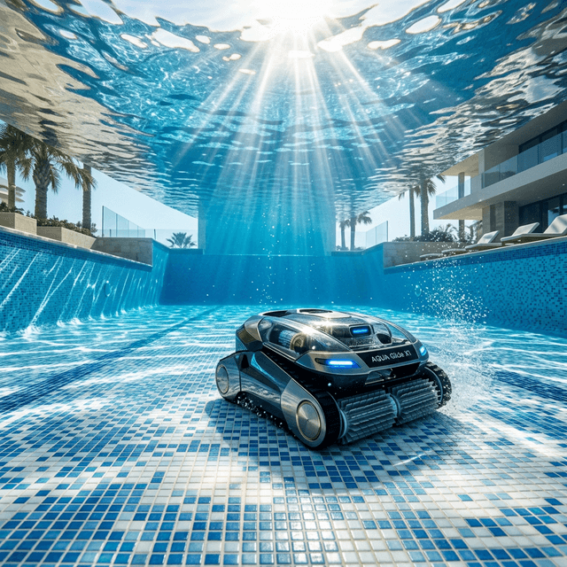 Robotic pool cleaner in a crystal-clear inground pool
